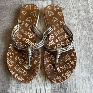 Coach Silver Leather Logo Flip Flop Sandals Women’s Size 8